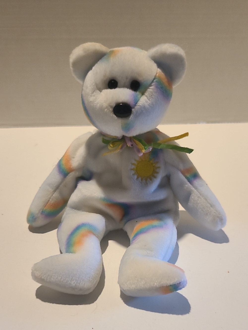 Ty White Teddy Bear with Rainbow Accents and Sun Patch